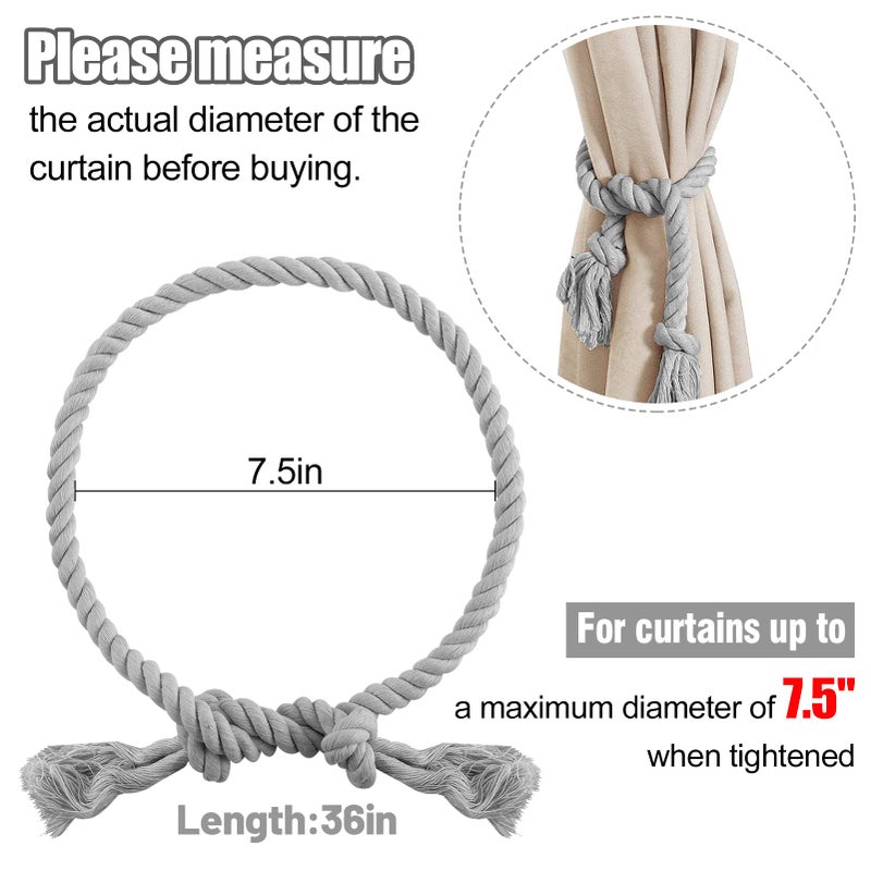 Apipi 4 Pcs Grey Natural Cotton Curtain Tiebacks- Farmhouse Style Curtain Holdback Rope Curtain Decorative Holdbacks for Rural Style Drapery Tieback - Image 3